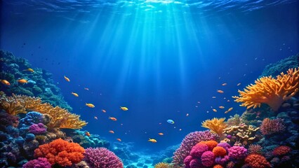 Obraz premium Underwater Scene with Vibrant Coral Reefs and Colorful Tropical Fish in Blue Ocean Water