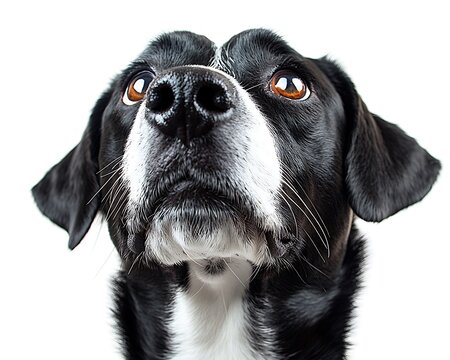 Black and white dog looking upward, close-up - Powered by Adobe