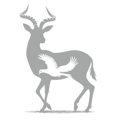 Obraz premium Silhouette of a gazelle fused with a pigeon, black on white background 