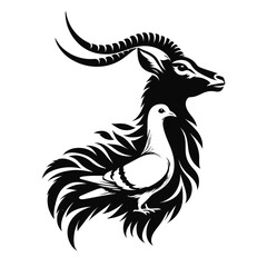 Fototapeta premium Silhouette of a gazelle fused with a pigeon, black on white background 