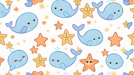 Cute Whale and Starfish Ocean Illustration Pattern
