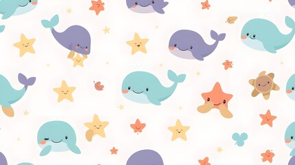 Cute Whale and Starfish Ocean Themed Pattern