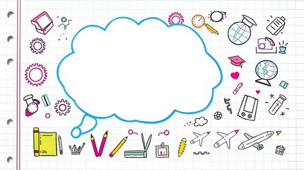 Colorful School and Learning Doodles with Speech Bubble Center