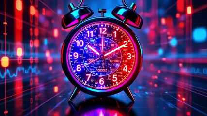 Vibrant digital alarm clock surrounded by colorful data streams, symbolizing time management and technology - Powered by Adobe