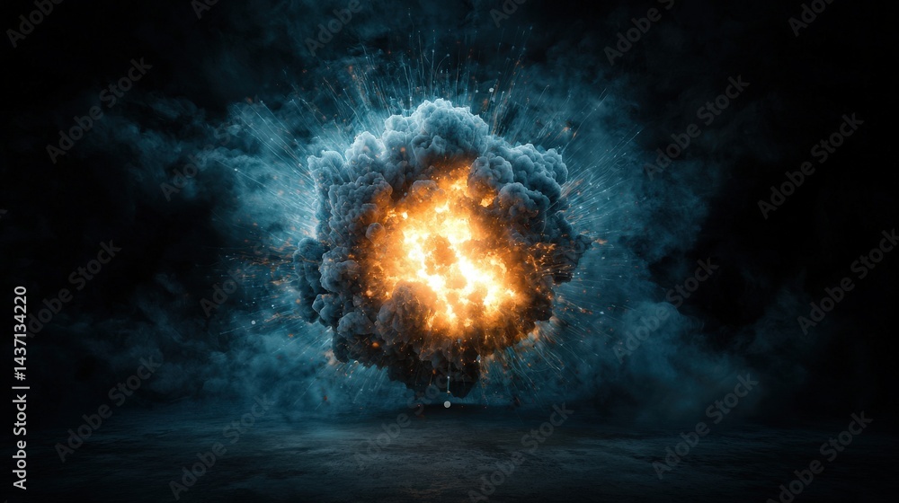 Aufkleber Massive explosion captured in cyberspace virtual environment digital art dramatic view impressive concept