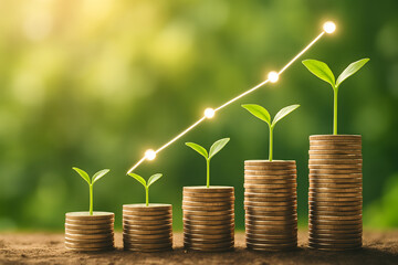 Growth and Investment: A visual representation of financial growth, with stacks of coins topped by growing plants symbolizing the prosperity of investment and financial success.