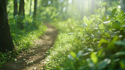 Fototapeta premium Tranquil forest path, lush greenery surrounding winding trail, sun filtering through trees, perfect for nature walks.
