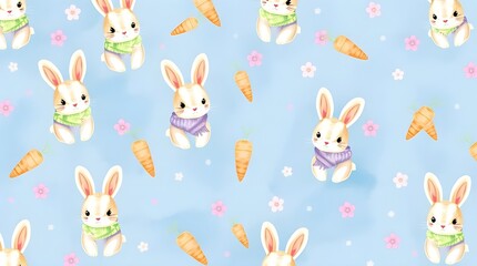 Cute Watercolor Bunny Rabbits and Carrots Seamless Pattern on Light Blue with Pink Flowers for Easter Designs