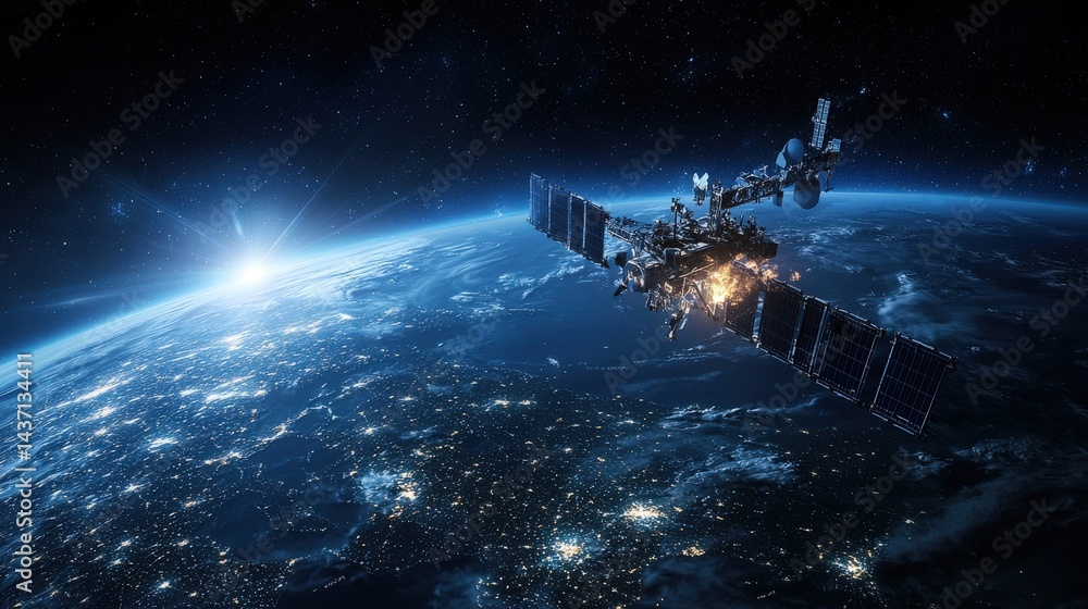 Poster Ai-controlled satellite network coordinating global communication from space futuristic environment aerial view