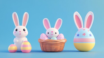 Fototapeta premium Colorful Easter Rabbits with Basket of Eggs in Pastel Shades on Bright Background for Spring Celebrations and Seasonal Decor