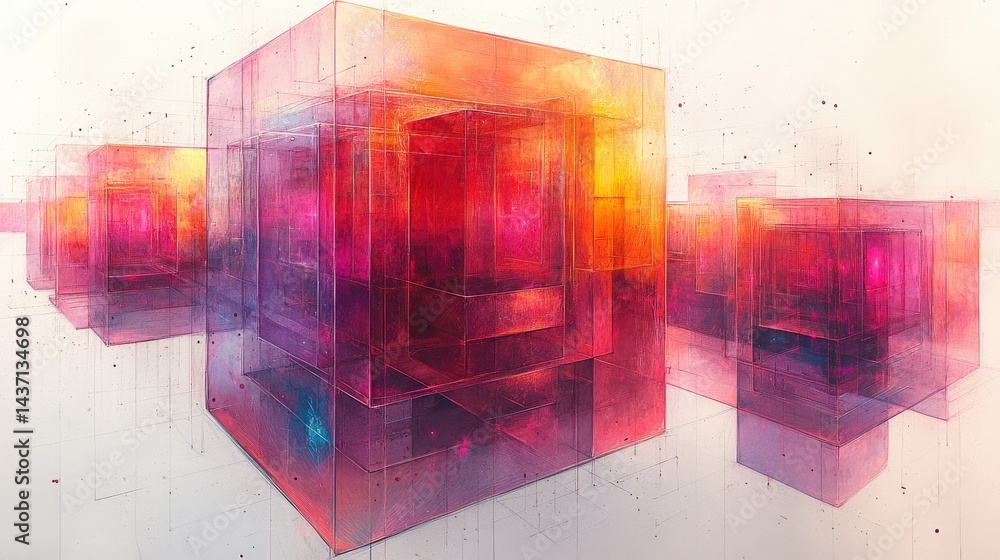 Poster abstract geometric shapes in vibrant colors creating a futuristic landscape with depth