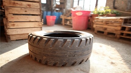 Fototapeta premium Heavy Duty Tire Industrial Setting Grunge Recycled Robust Strong Outdoors Sunlight
