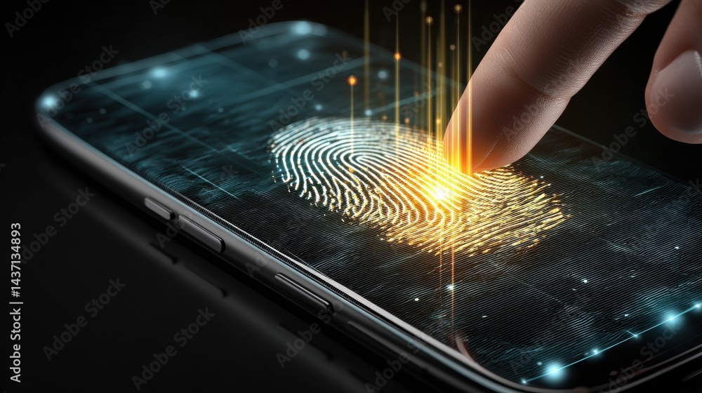 Leinwandbilder floating hand interacts with smartphone displaying glowing biometric fingerprint scanner technology