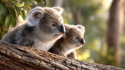 Two koala joeys resting on a tree branch, Australian wildlife in a natural habitat. Possible use in nature, travel, or animal documentaries