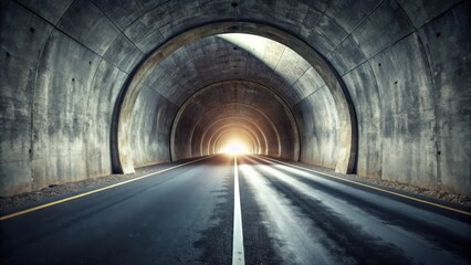 Asphalt Road Leading Through a Long, Dark Concrete Tunnel Towards a Bright Light at the End