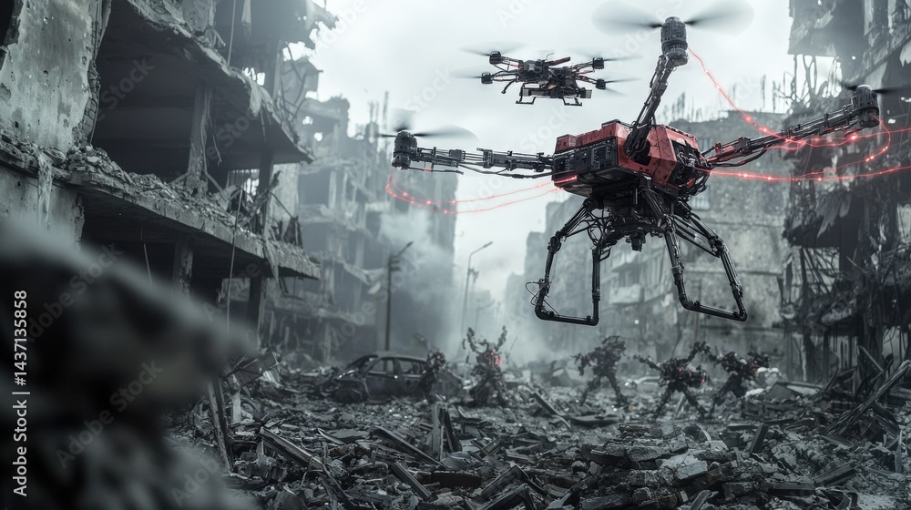 Poster Battlefield of the future humanoid robots and drones clash in post-apocalyptic cityscape