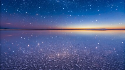 Tranquil Lake Under Stunning Starry Sky at Twilight Reflection in Water Surface