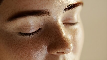 Close-up of Freckled Skin with Eyes Closed in Soft Lighting