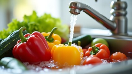 Fresh vegetables being washed under running faucet water