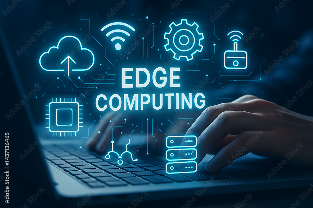 Poster edge computing: a close-up view showcases the intricate dance of technology and human interaction as