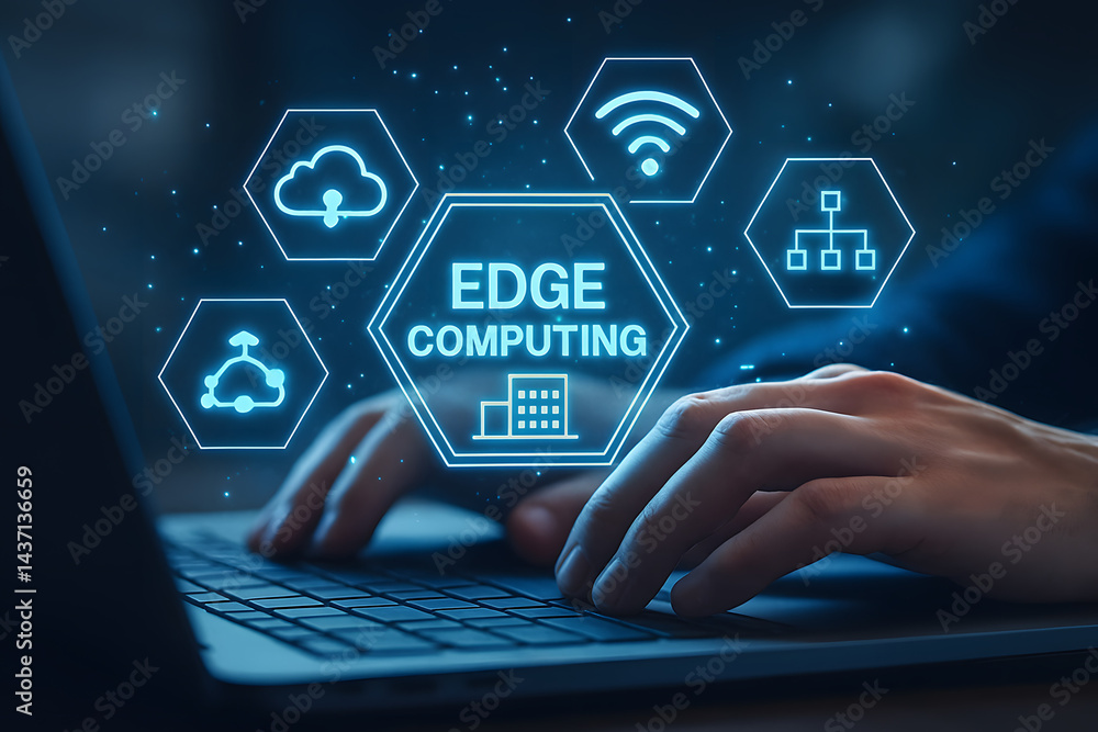 Poster edge computing in action: a person skillfully engages with a laptop, embodying the power of edge com