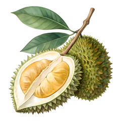 Durian fruit halves with spiky exterior and leaves, botanical watercolor 