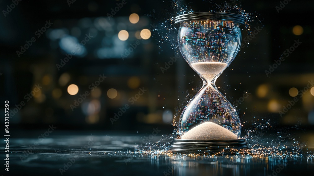 Aufkleber Conceptual digital hourglass artistic photography on data flow in a modern workspace with illuminated background
