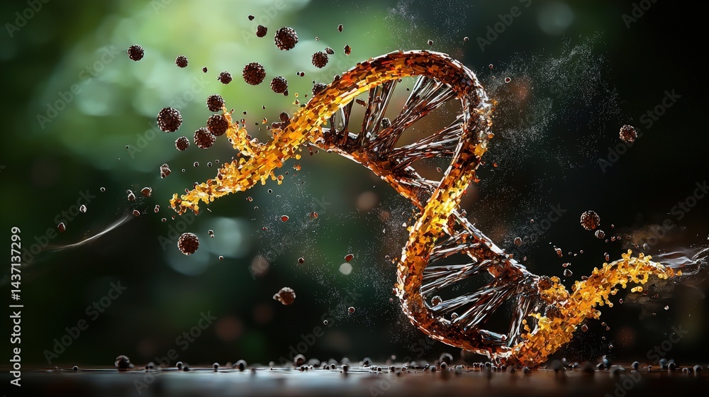 Poster disintegration of a dna helix nature digital art abstract environment close-up view genetic symbolis