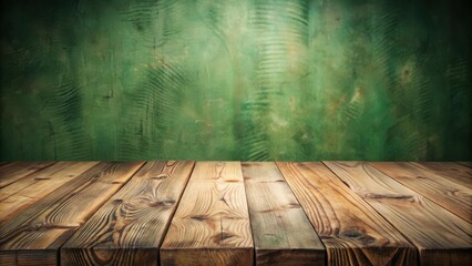 Fototapeta premium Rustic Wooden Tabletop Against a Weathered Green Wall, Ideal for Product Display or Background Use