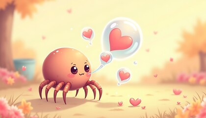 Enchanting scene of a whimsical, heart-blowing spider amidst a dreamy pastel landscape