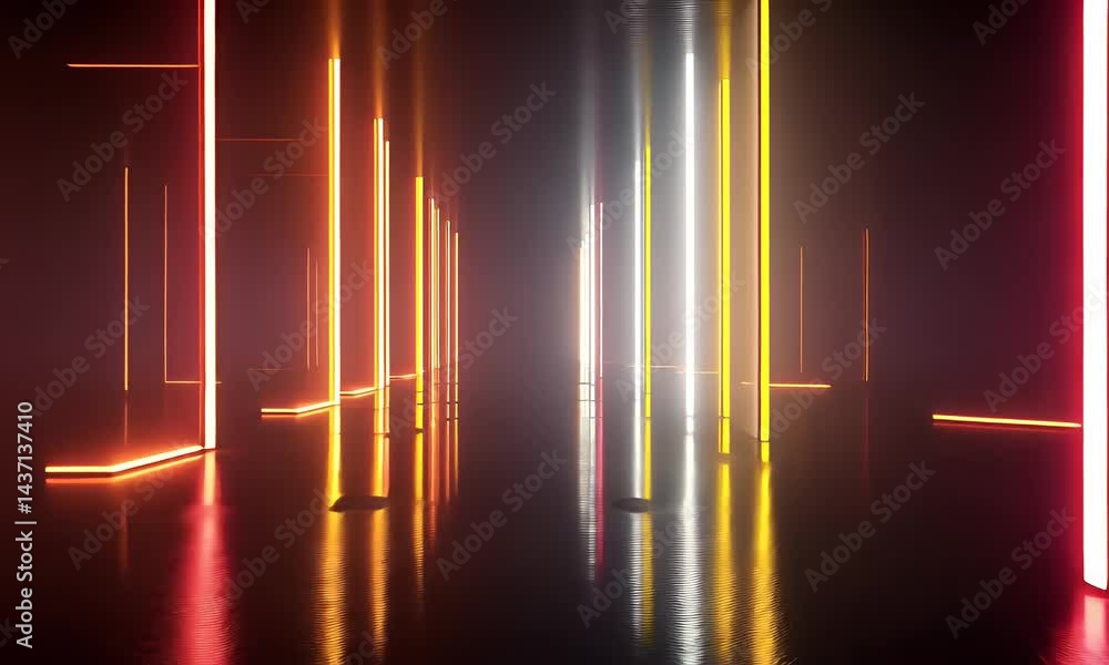 Poster 3d render, abstract background with neon light tubes and reflections on the floor, empty space for d