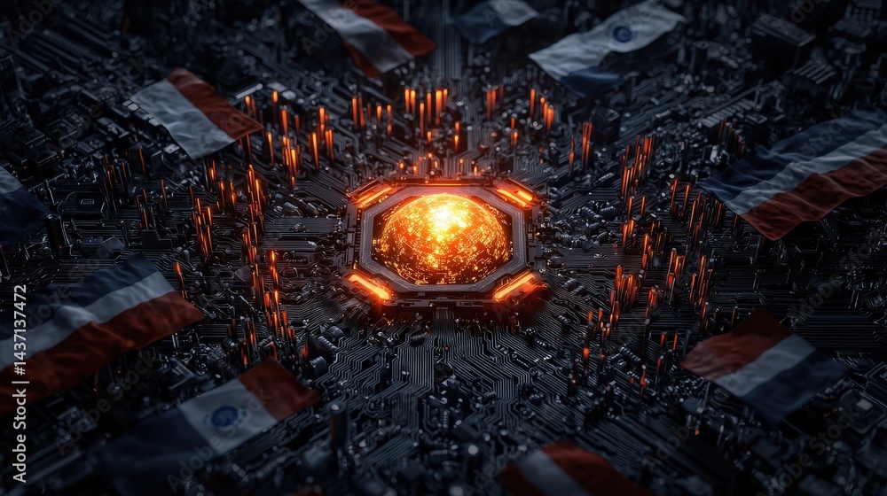 Aufkleber Glowing ai core surrounded by flags digital landscape futuristic environment close-up view symbol of unity