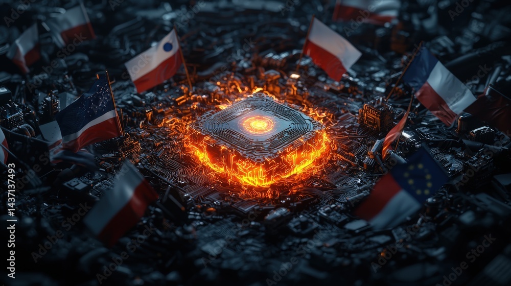 Aufkleber Glowing ai core surrounded by flags symbolizing unity digital world abstract environment aerial view technology concept