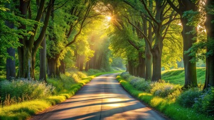 Serene sunrise illuminates a tree-lined road, casting long shadows on the verdant path