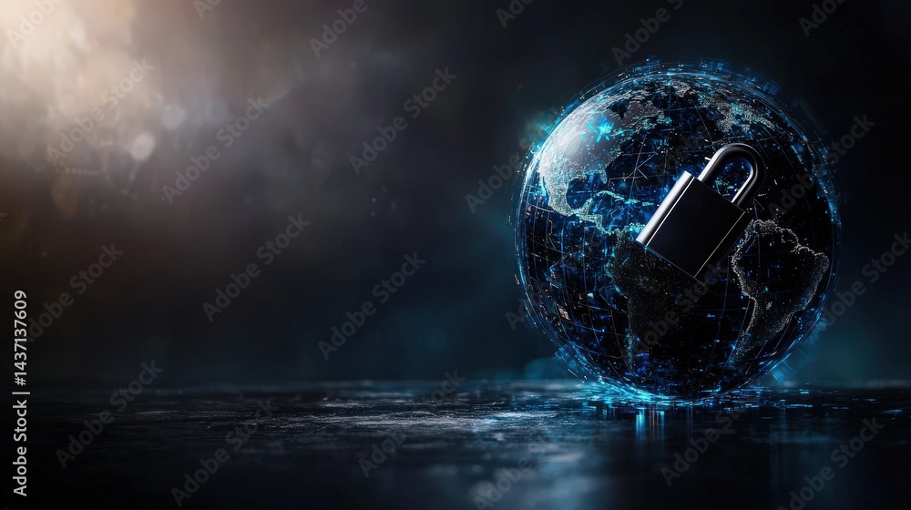 Poster securing the digital globe a locked symbol of online safety cyberworld digital art futuristic enviro