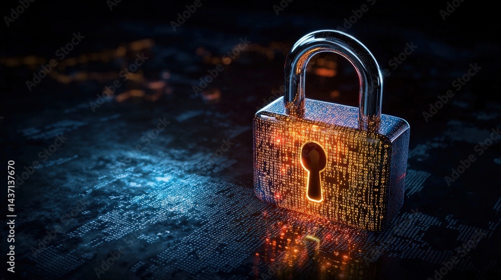 Poster Security measures in the digital age locking data protection with binary code visuals