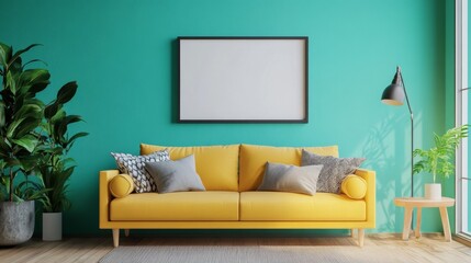 Living room - on the wall an empty picture frame - mockup