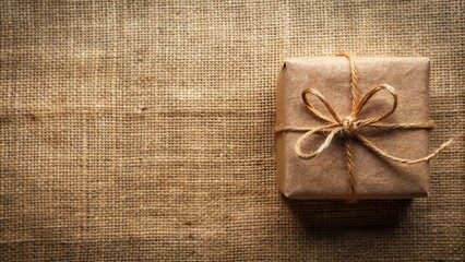 Rustic Brown Gift Box Tied with Twine on Burlap Background