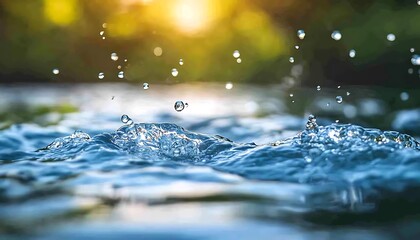 Sunlit water droplets splashing, creating ripples
