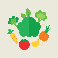 This vector set showcases a colorful illustration of various healthy fruits and vegetables, including apple, strawberry, orange, and other food icons