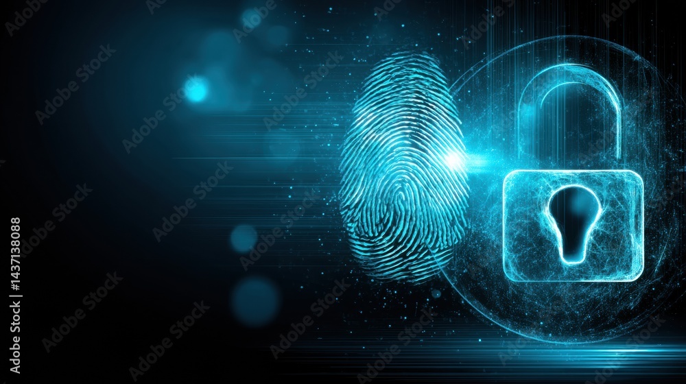 Poster holographic padlock and fingerprint icon represent advanced cybersecurity measures in a digital envi