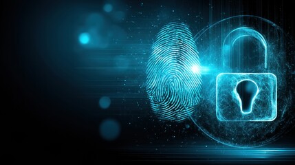 Holographic Padlock and Fingerprint Icon Represent Advanced Cybersecurity Measures in a Digital Environment