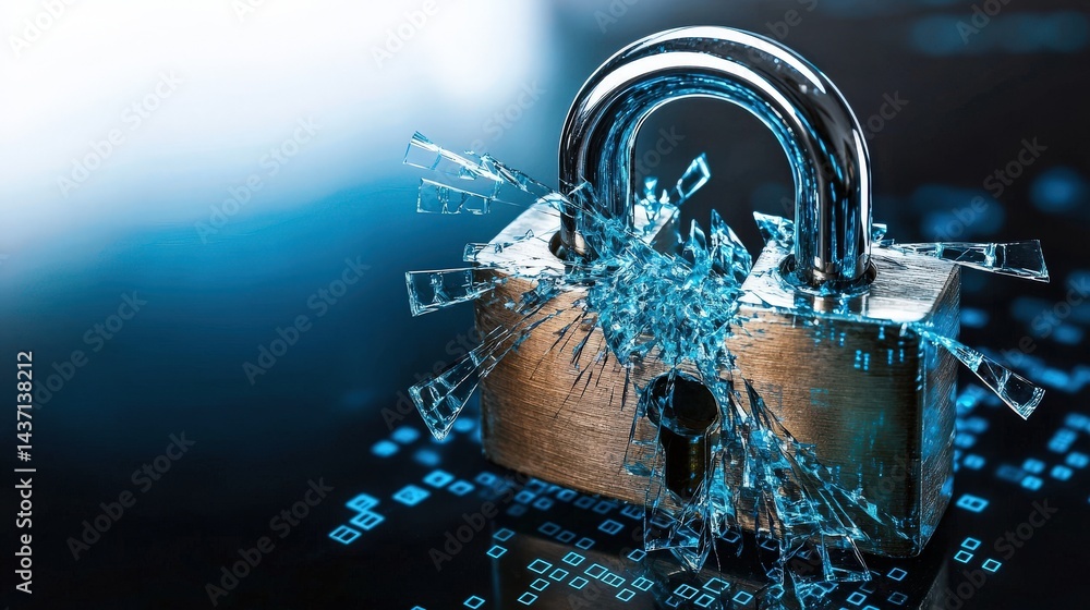 Aufkleber Crisis of security shattered padlock with binary code digital realm conceptual art abstract perspective