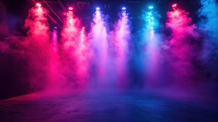 A dark stage, bathed in the vibrant hues of purple, pink, and blue, illuminated by the pulsating neon light of spotlights. The asphalt floor and studio room, textured like smoke, rise from the 