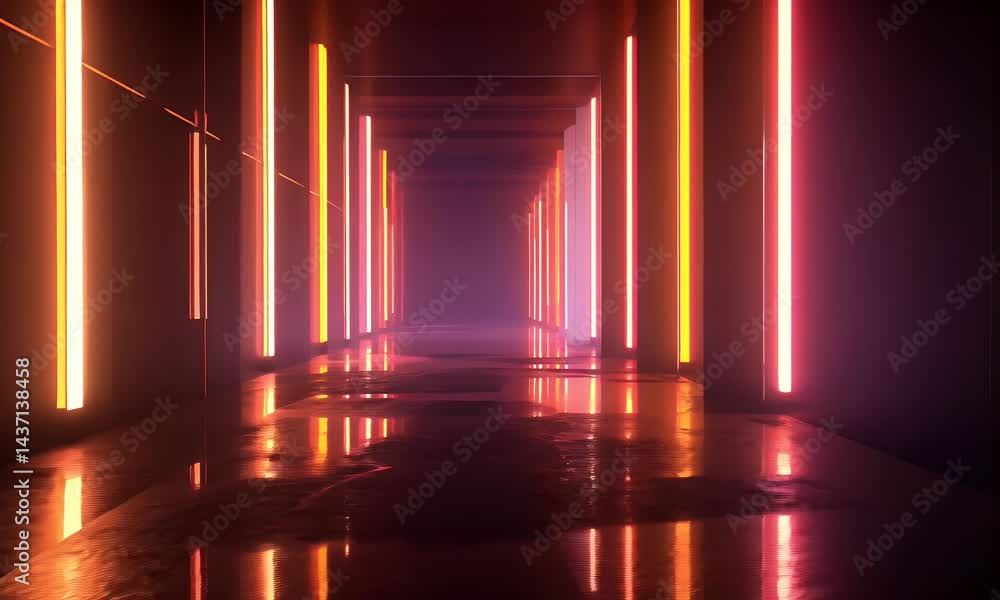 Poster 3d render, abstract background with neon light tubes and reflections on the floor, empty space for d