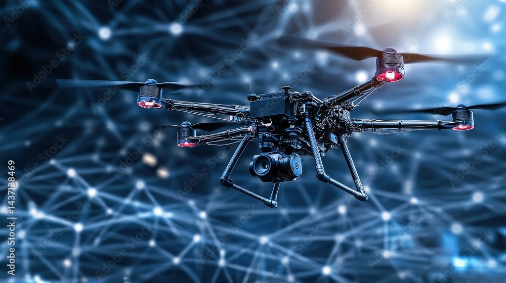 Poster advanced drones navigating invisible technology barriers modern cityscape high-tech imagery nighttim
