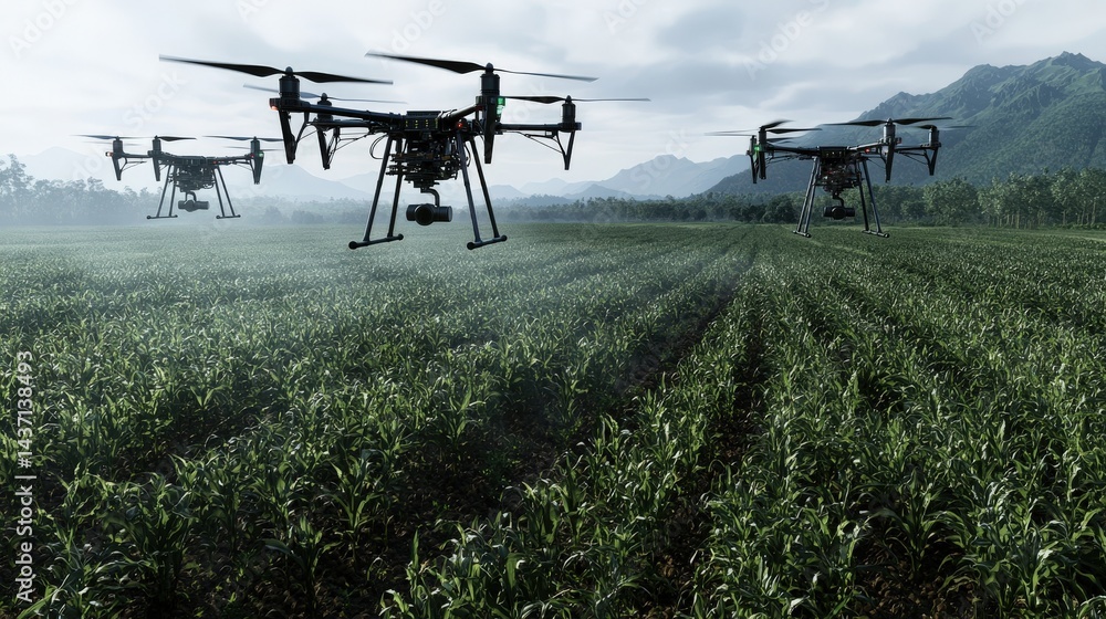 Poster Drones defending advanced farming technologies in agriculture aerial view of crop fields innovative farming practices