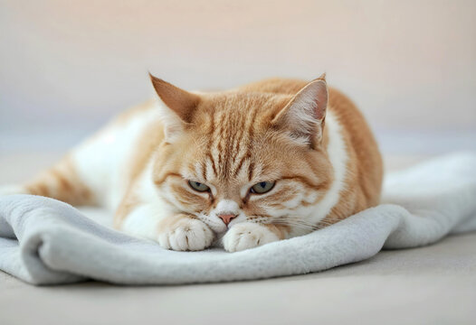 An orange Exotic Shorthair cat lounging on a soft gray blanket, appearing relaxed and cozy under soft natural light indoors.