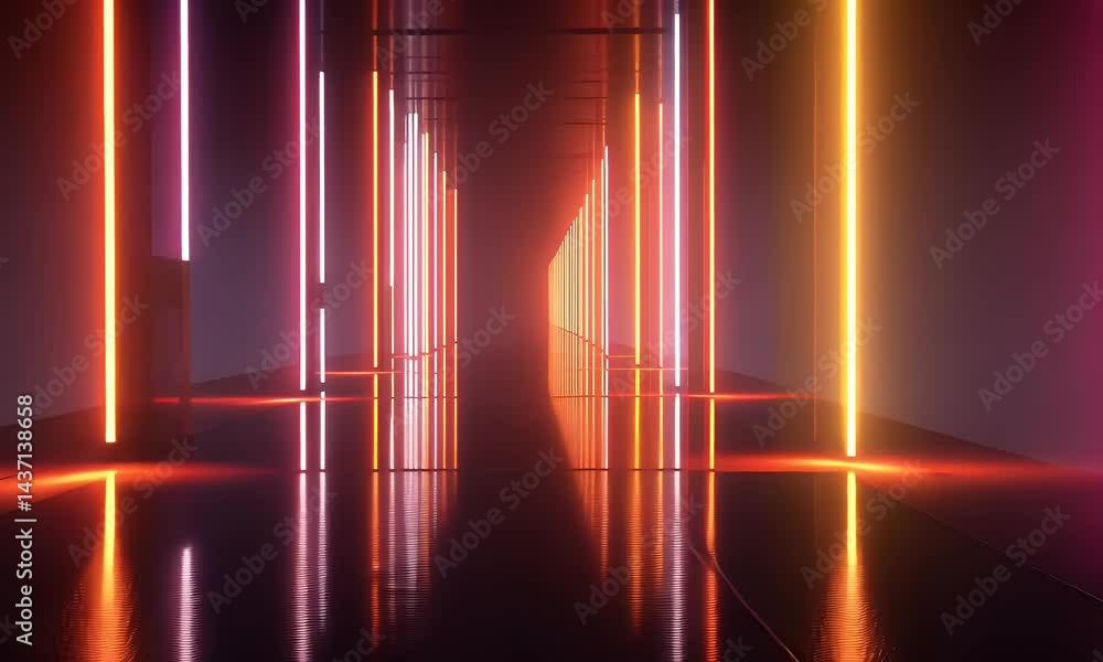 Poster 3d render, abstract background with neon light tubes and reflections on the floor, empty space for d