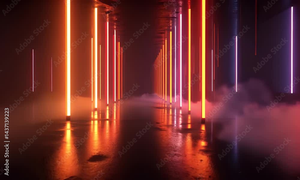 Poster 3d render, abstract background with neon light tubes and reflections on the floor, empty space for d